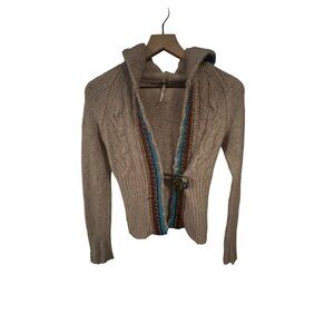 Free People Beige Wool Hooded Sweater With Embroidered Trim & Ornate Floral Butt